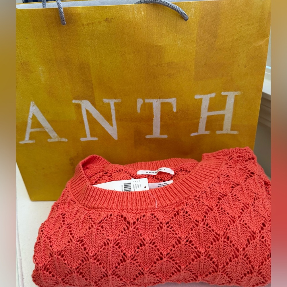 🧡NWT Anthropologie Women’s Large Crochet Pointelle Sweater in Tangerine 🧡🧡🧡